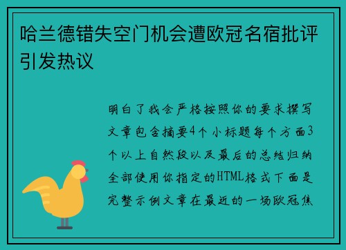 哈兰德错失空门机会遭欧冠名宿批评引发热议