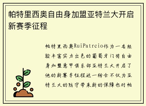 帕特里西奥自由身加盟亚特兰大开启新赛季征程